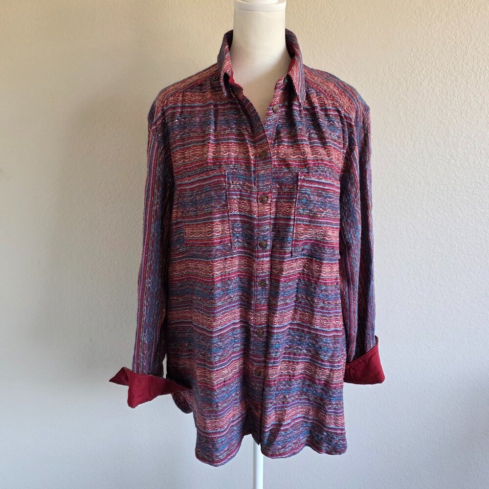 Anthropologie Pilcro Embroidered Metallic Shimmer Button Shirt Oversized Size M